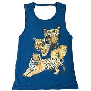 NWOT Chaser Tiger Lion Print Open Back Scoop Neck Muscle Tank Top in Blue Small
